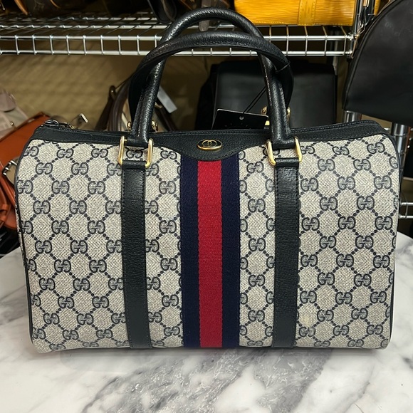 Gucci Handbags - Vintage Gucci | Navy Sherry Web Boston Hand Bag